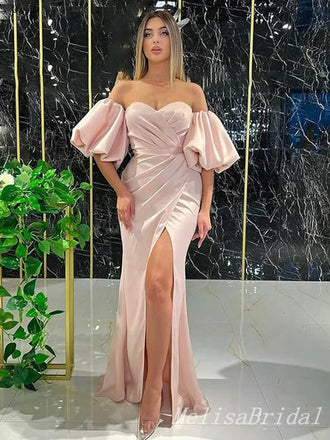 Sexy Off-the-shoulder Sweetheart High Slit Mermaid Pink Evening Gown Long Formal Dresses Prom Dresses with Bubble Sleeves ,MB351