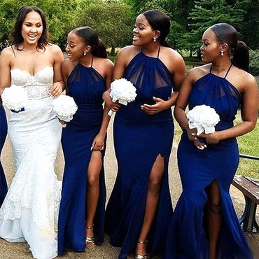 Sexy Halter Dark Blue Illusion Side Slit Mermaid Long Cheap Bridesmaid Dresses ,BD69