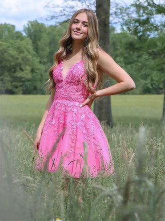 Elegant Pink Spaghetti Straps Appliques Lace V Neck Short Homecoming Dresses, HD37
