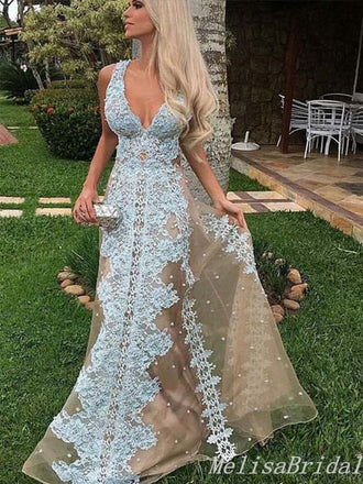 Sexy Elegant Plunging Lace Appliques A-Line Evening Gown Maxi Long Formal Dresses Prom Dresses,MB430