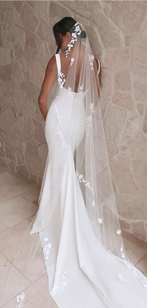 Elegant White Satin Spaghetti straps Mermaid V Neck Wedding Dresses, WD28