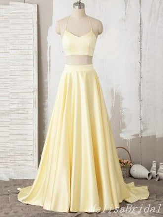 Two Pieces Halter A-Line Light Yellow Evening Ball Gown Maxi Long Formal Dresses Prom Dresses With Pleats,MB577
