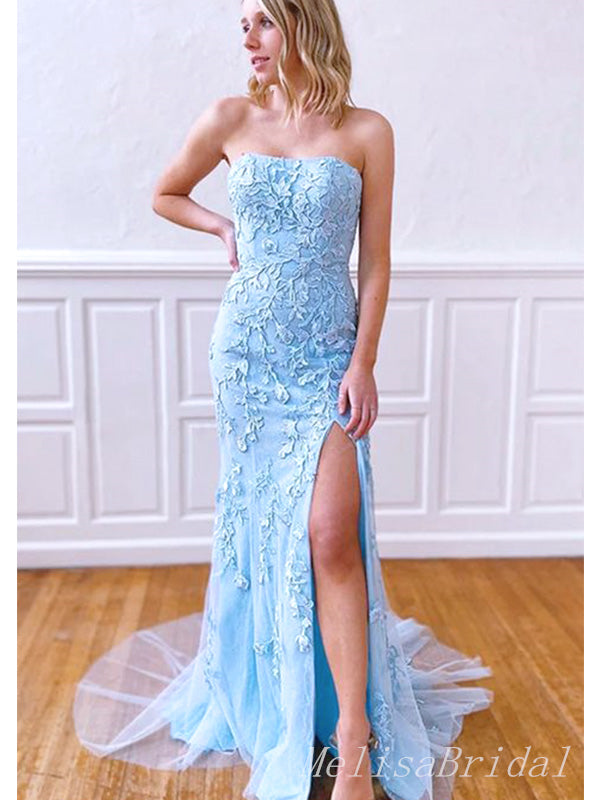 Elegant Blue Lace Appliques Tulle Strapless Mermaid  Long Evening Prom Dresses,MB94