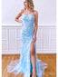 Elegant Blue Lace Appliques Tulle Strapless Mermaid  Long Evening Prom Dresses,MB94