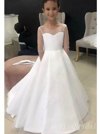 Elegant White Tulle Satin A- Line Cheap Simple Long Flower Girl Dresses ,FG34