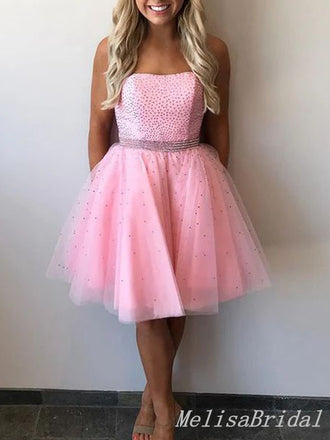 Cute Pink Beading Strapless Tulle Straight Neck A-line Short Homecoming Dresses with Pleats , HD252