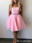 Cute Pink Beading Strapless Tulle Straight Neck A-line Short Homecoming Dresses with Pleats , HD252