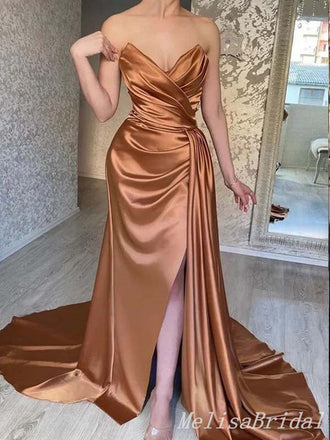 Sexy Plunging Strapless High Slit Sheath Evening Gown Long Prom Dresses with Pleats,MB312