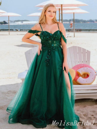 Charming Unique Green Off the Shoulder Spaghetti Straps Appliques Tulle Long Evening Gown Prom Dresses with Side Slit,MB207