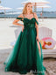Charming Unique Green Off the Shoulder Spaghetti Straps Appliques Tulle Long Evening Gown Prom Dresses with Side Slit,MB207