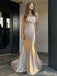 One Shoulder Champagne Mermaid Evening Gown Maxi Long Evening Party Prom Dresses  ,MB608