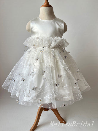 Elegant White Tulle Lace Appliques A-Line Cheap Simple Long Flower Girl Dresses,FG55