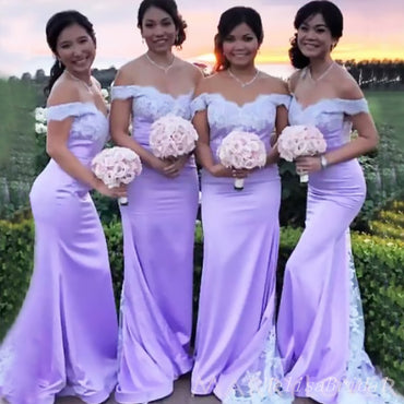 Elegant Light Purple Lace Appliques Off Shoulder Mermaid Simple Bridesmaid Dresses ,BD87
