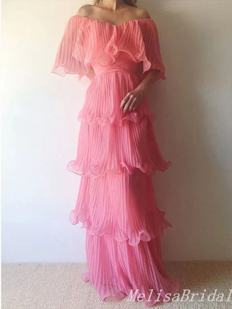 Pink Off Shoulder Layer Evening Gown Maxi Long Evening Party Prom Dresses ,MB770