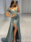 Charming Off-the-shoulder Green Sweetheart Mermaid Evening Gown Long Formal Dresses Prom Dresses with High Slit,MB372