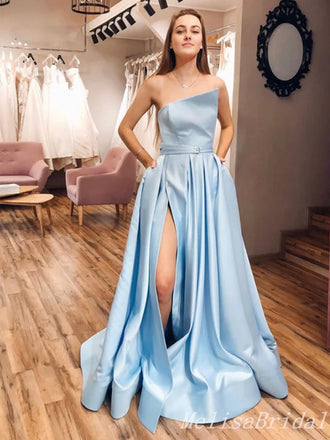 Sexy Elegant Blue Strapless High Slit A-line Evening Gown Long Prom Dresses,MB334