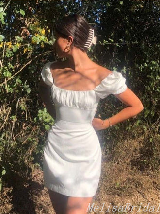 Sexy White Straight Neck Off-The-Shoulder Mermaid Short Homecoming Dresses, HD319