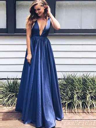 Navy Blue Plunging Evening Gown Maxi Long Evening Party Prom Dresses,MB630