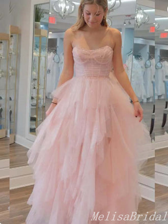 Elegant Cute Light Pink Strapless A-Line Layer Tulle Fluffy Evening Gown Long Formal Dresses Prom Dresses,MB408
