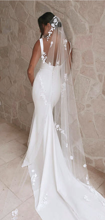 Elegant White Satin Spaghetti straps Mermaid V Neck Wedding Dresses, WD28
