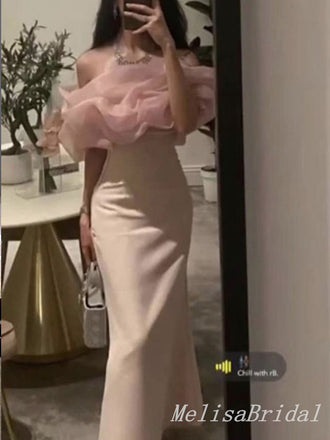 Gorgeous Pearl Pink Ruffles Off the Shoulder Sheath Long Prom Dresses to Impress ,MB943