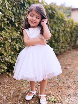 Cute White Square A- Line Beading Tulle Simple Cheap Flower Girl Dresses ,FG20