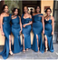 Mismatched Blue Side Slit Mermaid Maxi Long Bridesmaid Dresses,BD09