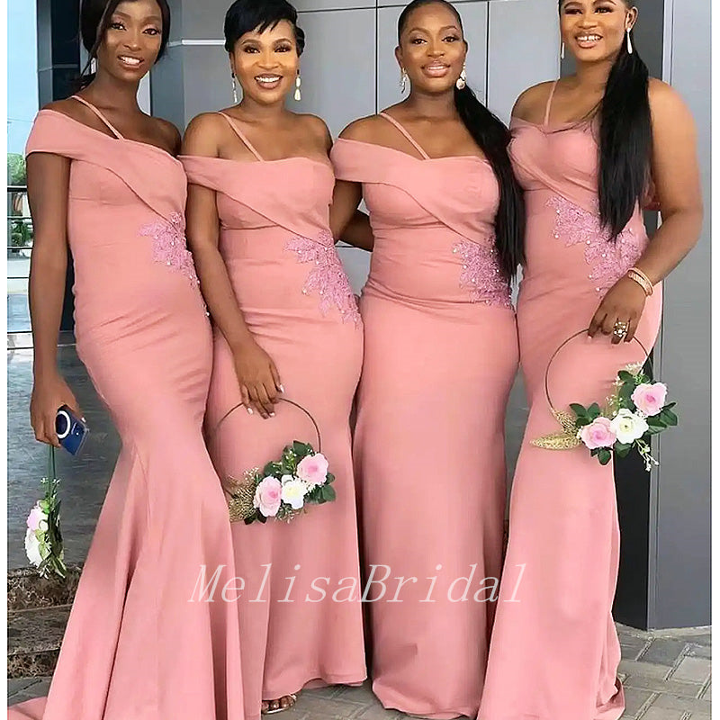 Gentle Pink One Shoulder Appliques Beading Maxi Long Bridesmaid Dresses,BD10