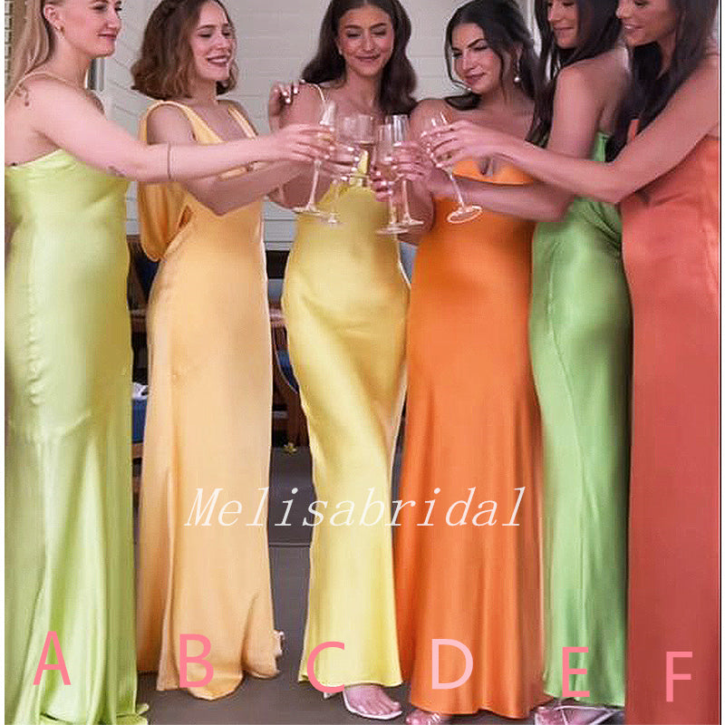 Multi-Colored Soft Satin Spaghetti Straps Mermaid Long Cheap colorful Bridesmaid Dresses ,BD58