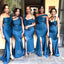 Mismatched Blue Side Slit Mermaid Maxi Long Bridesmaid Dresses,BD09