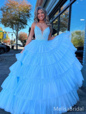 Gorgeous Blue A-line V-neck Spaghetti Straps  Long Formal Dress to Impress  ,MB11019