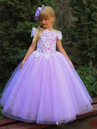 Elegant Off-The-Shoulder Lavender Tulle Appliqued A-Line Long Cheap Flower Girl Dresses,FG01