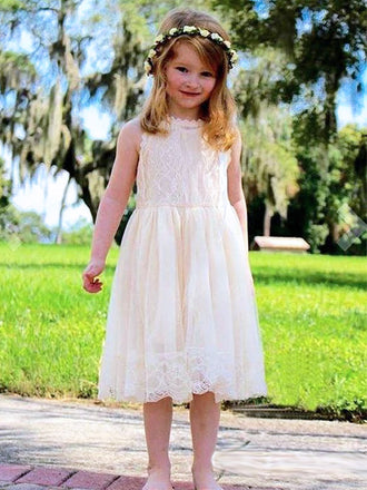 Cute Round Neck Light Champagne Lace A-Line Long Cheap Flower Girl Dresses,FG02