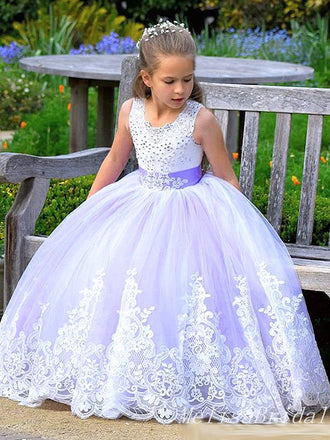 Charming Round Neck Purple Tulle Beaded A-Line Long Cheap Flower Girl Dresses,FG03