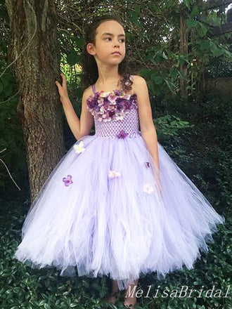 Lovely Spaghetti Strap Lilac Tulle A-Line Long Cheap Flower Girl Dresses,FG04