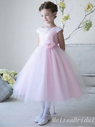 Elegant Bateau Cap Sleeve Pink Tulle A-Line Long Cheap Flower Girl Dresses,FG05