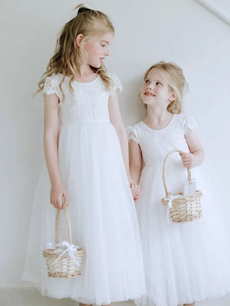 Elegant Square Cap Sleeves Tulle A-Line Long Cheap Flower Girl Dresses,FG09