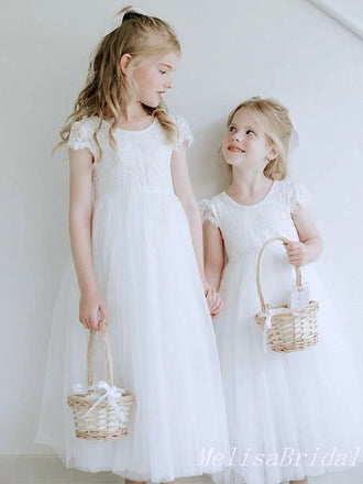 Elegant Square Cap Sleeves Tulle A-Line Long Cheap Flower Girl Dresses,FG09
