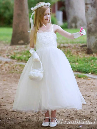 Elegant White  Spaghetti Strap Tulle Appliques Flower Girl Dresses ,FG10