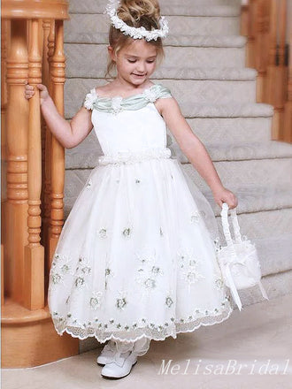 Cute Bateau Organza Lace Appliqued Princess A-Line Long Cheap Flower Girl Dresses,FG07