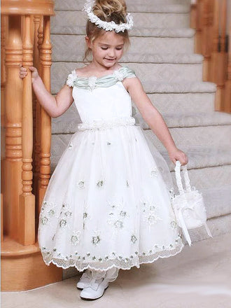 Cute Bateau Organza Lace Appliqued Princess A-Line Long Cheap Flower Girl Dresses,FG07