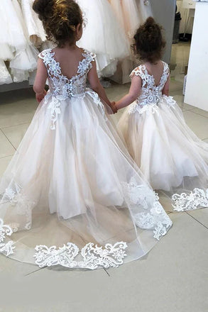 Cute White  A- Line Sleeveless Tulle Lace Appliques Simple Cheap Flower Girl Dresses ,FG21