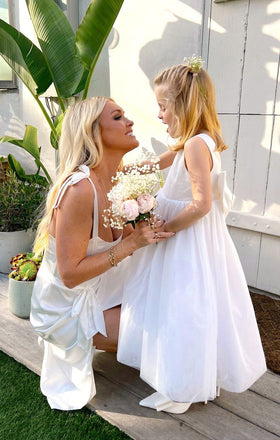 Cute White Square A- Line Long Sleeveless Satin Simple Cheap Flower Girl Dresses ,FG18