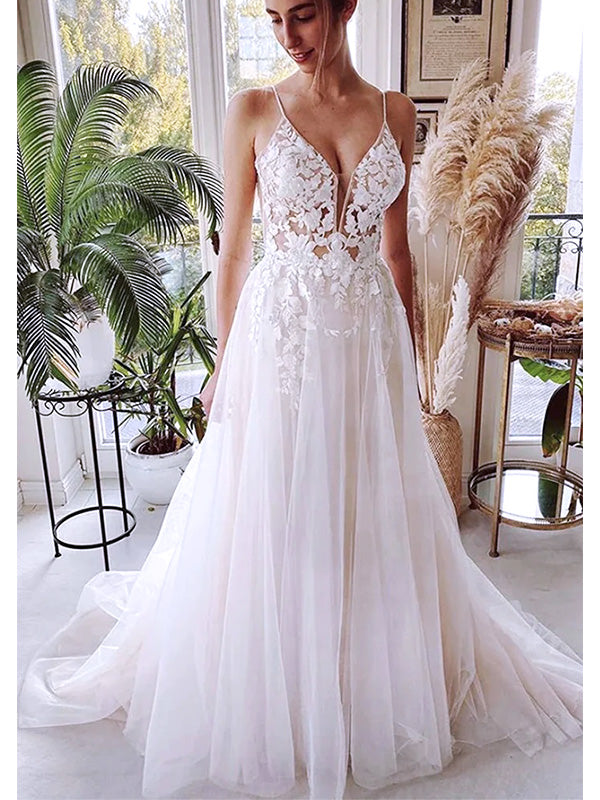 Romantic Spaghetti Strap Tulle Applique Long Cheap Wedding Dresses, WD11