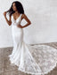 Charming V-Neck Lace Mermaid Long Cheap Wedding Dresses, WD12