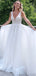 Charming V-Neck Lace Appliqued Tulle A-Line Long Cheap Beach Wedding Dresses, WD14