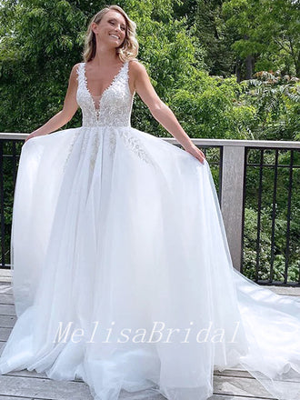 Charming V-Neck Lace Appliqued Tulle A-Line Long Cheap Beach Wedding Dresses, WD14