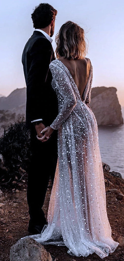 Sparkly V-Neck Long Sleeve Sequin A-Line Long Cheap Beach Wedding Dresses, WD01