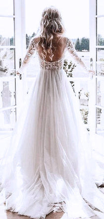 Elegant White Long Sleeves Lace Appliques Illusion Cheap A- Line Wedding Dresses, WD02