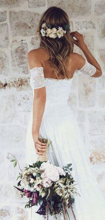 Elegant Off Shoulder Casual Cheap White Lace Wedding Dresses , WD04
